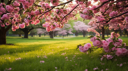 Beautiful cherry blossom sakura in spring garden with green grassの素材
