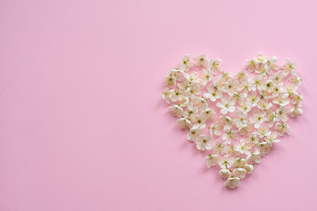 Flowers in the shape of a heart on a pink background.の写真素材