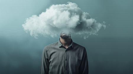 Depressed man with cloud instead of head and smoke coming out of his headの素材