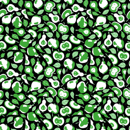 Green apples and pears with leaves on black seamless pattern vector. Unusual fruit pattern for home textile, clothes and more by green, black and white colorsのイラスト素材