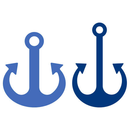 Two flat blue anchors isolated on white background vector illustration. Couple different classical anchors with rings and barbed flukes vectorのイラスト素材