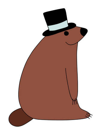 Funny cartoon groundhog with top hat stock vector illustration. Happy Groundhog Day cute colorful character groundhog animal portrait white isolated. Funny rodent animal in top hat. One of a seriesのイラスト素材