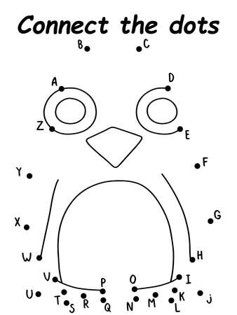 Penguin connect the dots game for children stock vector illustration. Educational puzzle for kids to learn numbers and funny coloring. Black and white vertical printable worksheet. One of a seriesのイラスト素材