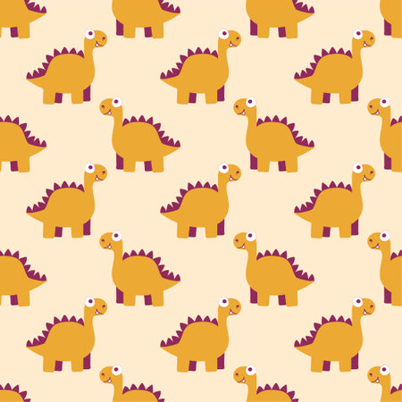 Warm orange dinosaur childish seamless pattern vector. Funny friendly dino by orange, purple and white colors endless texture. Simple pattern with cartoon prehistoric reptile for babies and childrenのイラスト素材