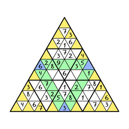 Triangle sudoku colorful game stock vector illustration. Place 1-9 numbers into empty cells - in each big triangle, in each yellow lines and green lines just once. Logical number game printable pageのイラスト素材