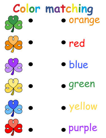 Color matching game with six clovers stock vector illustration. Educational puzzle for toddlers to learn colors. Connect colorful clover with correct its color name - printable activity page for kidsのイラスト素材