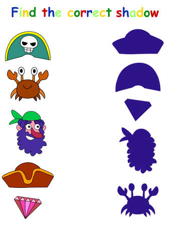 Find the correct shadow funny game for kids with pirate stock vector illustration. Pirate shadow matching printable game for preschool children. Simple educational kindergarten kids activity book pageのイラスト素材