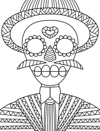 Happy Dia de Muertos skeleton in a suit with hat and mustache linear vector illustration. Funny Day of the Dead festival hand-drawn skeleton coloring page for adults and kids. One of a seriesのイラスト素材