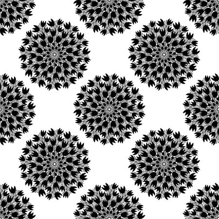 Black tulip flowers with leaves on white seamless pattern. Turkish black and white floral endless texture. Natural mandala simple dot pattern with tulips. Ornamental texture for fabric, wallpaper, etcのイラスト素材