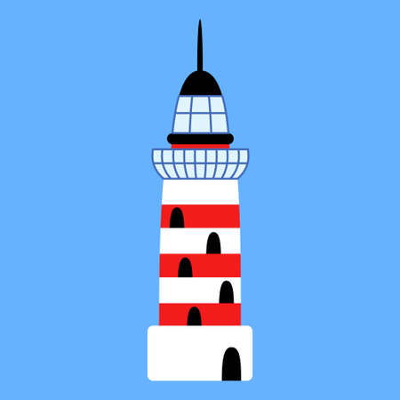 Lighthouse cartoon isolated vector illustration. Funny simple navigational aid tower for a marine adventure. Flat lighthouse by white, black, red, and blue colorsのイラスト素材