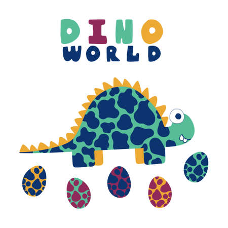 Cartoon stegosaurus and eggs print for kids apparel stock vector illustration. Bold colors spotted hand drawn dinosaur with eggs and text Dino world. Funny print for t-shirts, bags, pillows and moreのイラスト素材