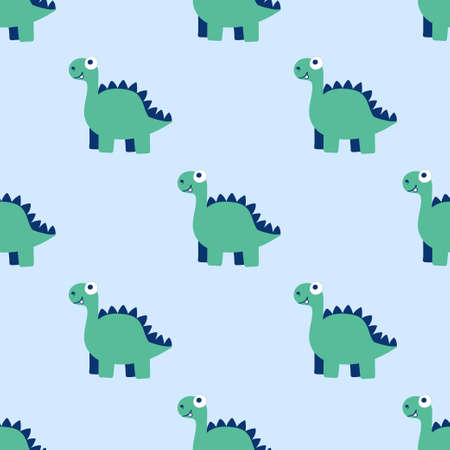 Calm mood seamless pattern with dinosaurs vector. Blue and green friendly dino pattern. Funny cartoon jurassic era character endless texture. Perfect for kids apparel, bed linens, wallpaper and moreのイラスト素材
