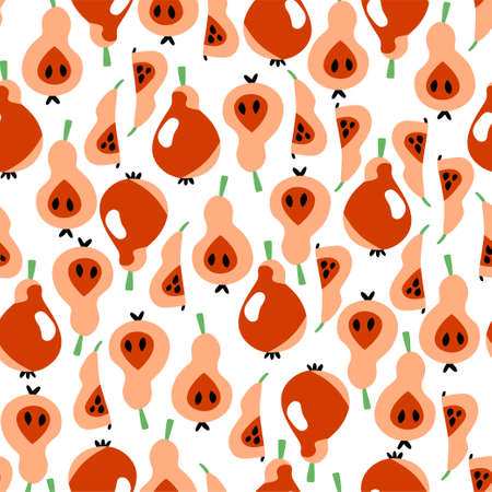 Pear fruits whole and sliced seamless pattern vector. Fresh pears on white pattern for wrapping, packaging, home textile, clothes, wallpaper and more. Complex fruits seamless texture. One of a seriesのイラスト素材