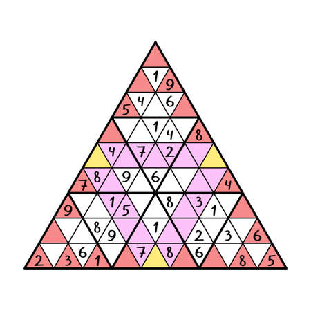 Grand colorful triangular sudoku puzzle white isolated vector illustration. Full the puzzle by 1-9 numbers. Each big triangle, red line and pink line has each number just onceのイラスト素材
