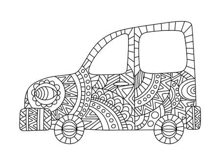 Ornamental car coloring page for kids and adults stock vector illustration. Zen art monochrome transport black outline isolated on white. Flower detailed automobile hand drawn linear. One of a seriesのイラスト素材