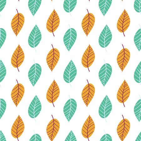 Green and orange leaves on white seamless pattern vector. Spring and autumn season calm mood floral endless texture. Simple hand drawn leaves with veins pattern. Perfect for home decor, clothes, etcのイラスト素材
