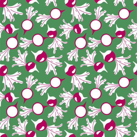 Hand-drawn fresh radish seamless pattern vector. White and pink root vegetables on green seamless pattern. Fresh radish surface design for kitchen, clothes, textile, home decor and moreのイラスト素材