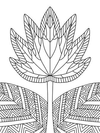 Maple leaf shaped flower with two grand leaves and stem zen art stock vector illustration. Funny floral symmetry coloring page for kids and adults. Fantasy blossom flower black outline white isolatedのイラスト素材