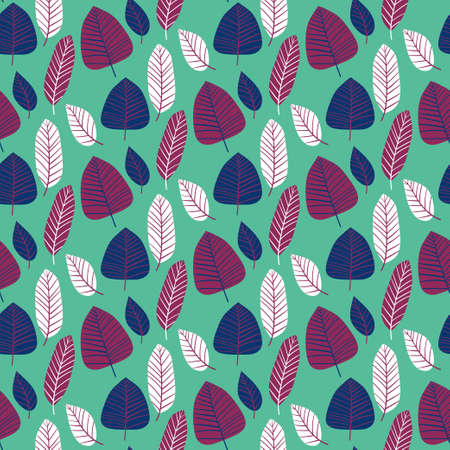 Hand-drawn leaves motley seamless pattern vector. Autumn tropical leaves fall by white, green, blue and purple colorsのイラスト素材