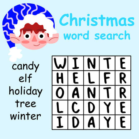 Christmas word search puzzle for kids stock vector illustration. Help elf and find all words in puzzle. Funny simple word search about Xmas with elf. Children english words game for printing and fun.のイラスト素材