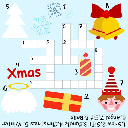 Educational Christmas crossword game for kids stock vector illustration. Funny children crossword with Christmas elf and more. Printable square children winter holidays worksheet. Onr of a seriesのイラスト素材