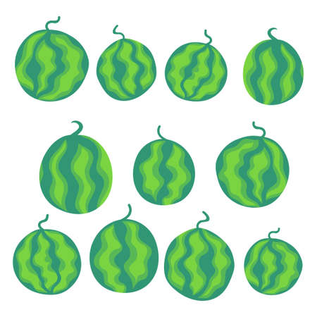 Whole watermelons cartoon set stock vector illustration. Striped hand drawn ripe watermelon fruits isolated on white. Funny juicy summer fruits set square page vector. Eleven unique watermelons setのイラスト素材