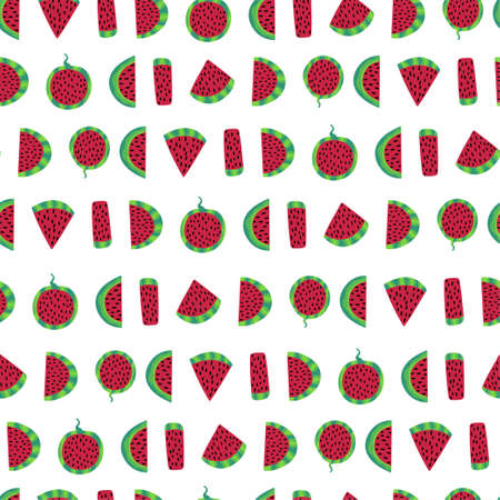 Ripe watermelon slices on white simple vector seamless pattern. Hand-drawn different pieces of summer juicy watermelon with black seeds and green striped peel. Raw fruit food endless textureのイラスト素材