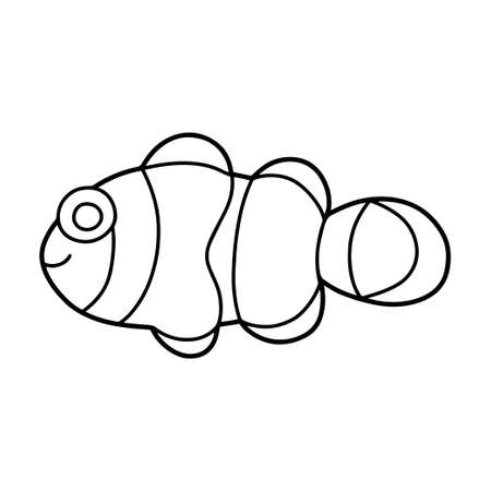 Clownfish doodle coloring page for children stock vector illustration. Anemonefish hand-drawn black linear exotic fish isolated on white. Tropical wild fish or aquarium fish simple contour doodleのイラスト素材