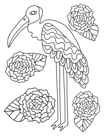 Unusual bird with long legs and flowers around coloring page for adults vector illustration. Hand-drawn big bird and roses linear vertical printable pageのイラスト素材