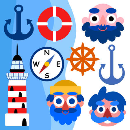 Cartoon marine set with seamen, anchors, compass, lifebuoy steering wheel and lighthouse vector illustration. Funny Seafarer day set with three cute sailor faces and maritime objectsのイラスト素材