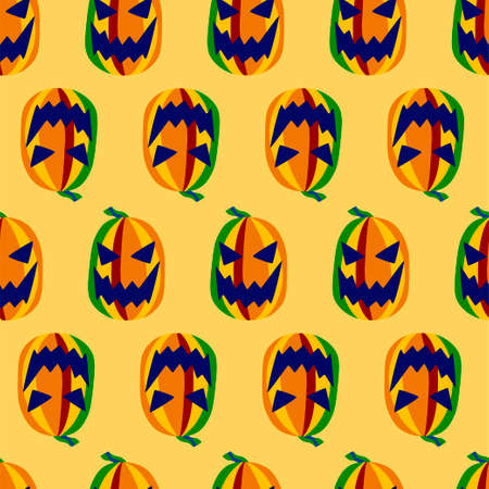 Spooky pumpkins vector seamless pattern for halloween. Funny and scary smiling carved pumpkins colorful endless texture. Autumn colorful pattern for wrapping, textile and more. One of a seriesのイラスト素材