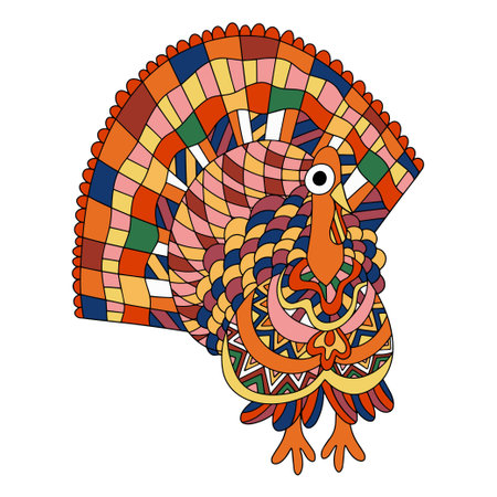 Funny motley colorful ornamental turkey bird white isolated stock vector illustration. Happy...