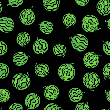 Bold green berries on black seamless pattern vector. Whole watermelon or gooseberry fruits striped...