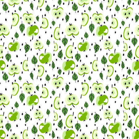Green apples irregular seamless pattern vector. Whole apples and slices, seeds and leaves on white hand-drawn fruit pattern. Perfect for dinner napkins, tablecloth and home decorのイラスト素材