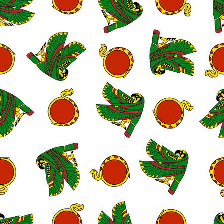 Colorful falcon and sun-disk cobra seamless pattern vector. Ancient Egypt cultural and religion symbols simple dot pattern. Stylized Ra god of the sun forms - falcon bird and sun-disk inside a cobraのイラスト素材
