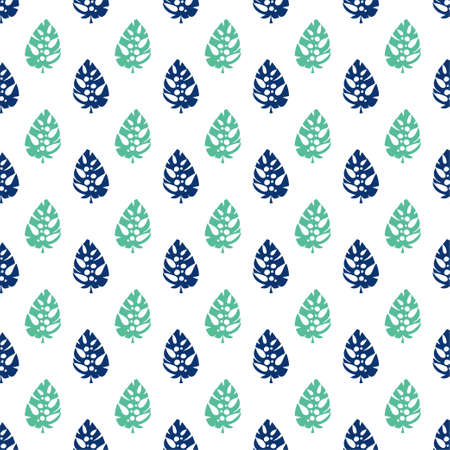 Simple tropical seamless pattern with monstera leaves vector. Hand-drawn monstera leaf shapes isolated on white endless texture. Floral tropical surface design by green, blue and white colorsのイラスト素材
