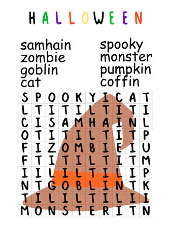 Funny halloween word search puzzle for kids stock vector illustration. Simple educational game with english language game.のイラスト素材