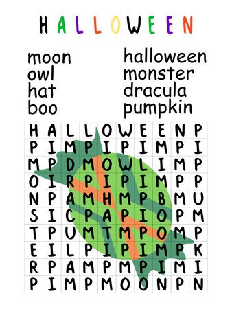 Halloween word search puzzle with candy children activity page stock vector illustration. Funny educational word game to expand english vocabulary. Eight words halloween topic word search kids gameのイラスト素材