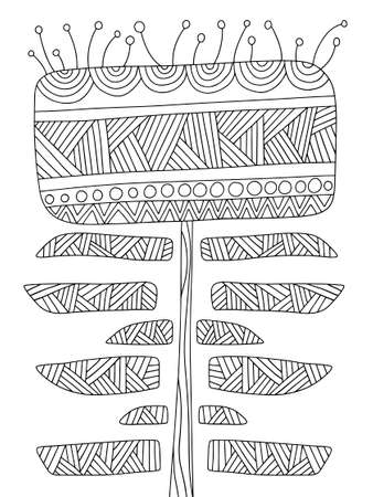 Fantasy decorative ornamental blossom flower coloring page stock vector illustration. Unsual assymetry antistress floral colouring for kids and adults. Printable summer black and white illustration.のイラスト素材