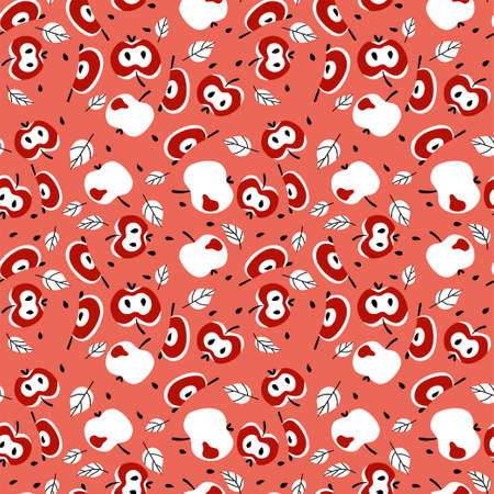 Red apples chaotic seamless pattern vector illustration. Simple  fruits by red, black and white colors. Summer season endless texture with fresh apples, leaves and seeds vectorのイラスト素材