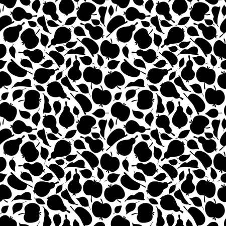 Black fruit silhouettes on white seamless pattern vector illustration.  apples, pears, leaves black and white endless texture.  floral texture with fruits vectorのイラスト素材