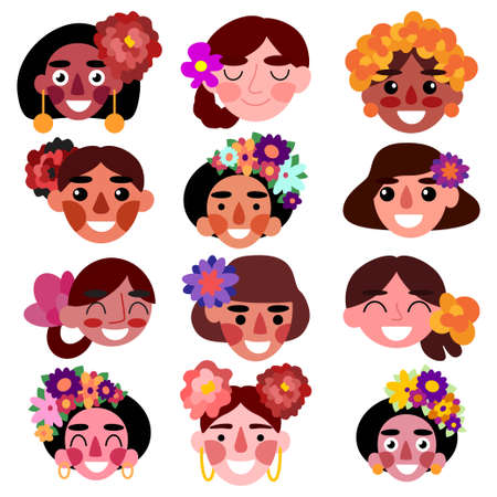 Happy Mexican girls set isolated on white vector illustrationのイラスト素材