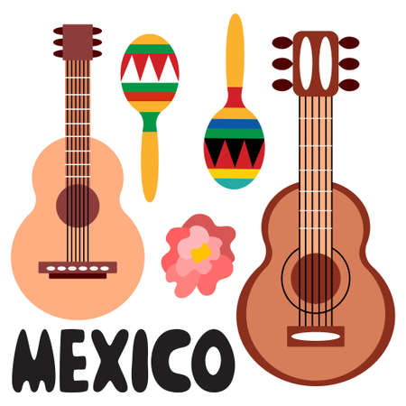 Two guitars, two maracas and Mexico lettering vector illustrationのイラスト素材