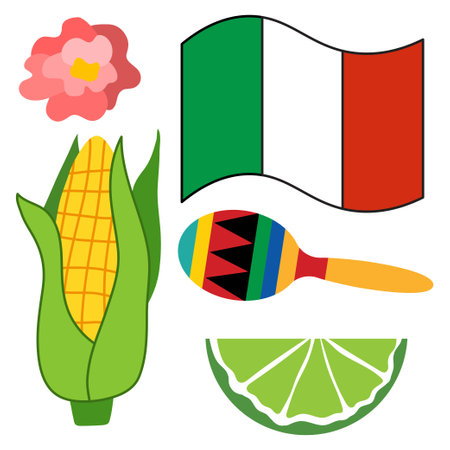 Simple Mexican set with the national flag, maraca, corn, lime slice, and rose vector illustrationのイラスト素材