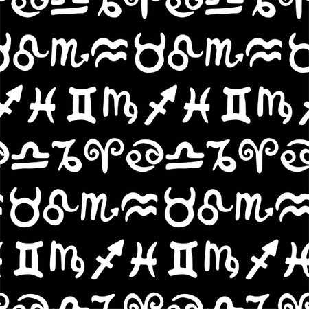 Hand-drawn white astrology signs on black seamless pattern vectorのイラスト素材