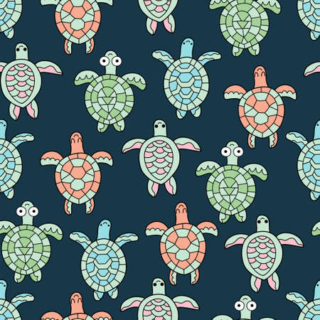 Funny hand-drawn pastel colored sea turtles on dark water seamless patternのイラスト素材