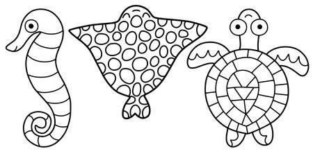 Hand-drawn sea horse, electric ray and sea turtle coloring page vector illustrationのイラスト素材