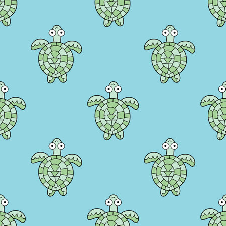 Cartoon green sea turtles on light blue seamless pattern vectorのイラスト素材