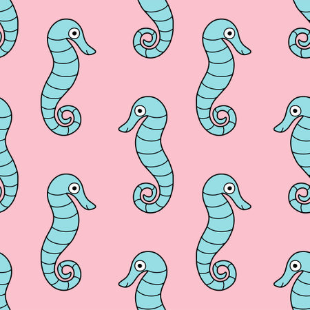 Light blue hand-drawn seahorses on pink seamless pattern vector illustrationのイラスト素材