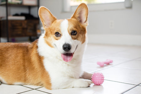 Cute Welsh Corgi Pembroke dog on the floorの写真素材